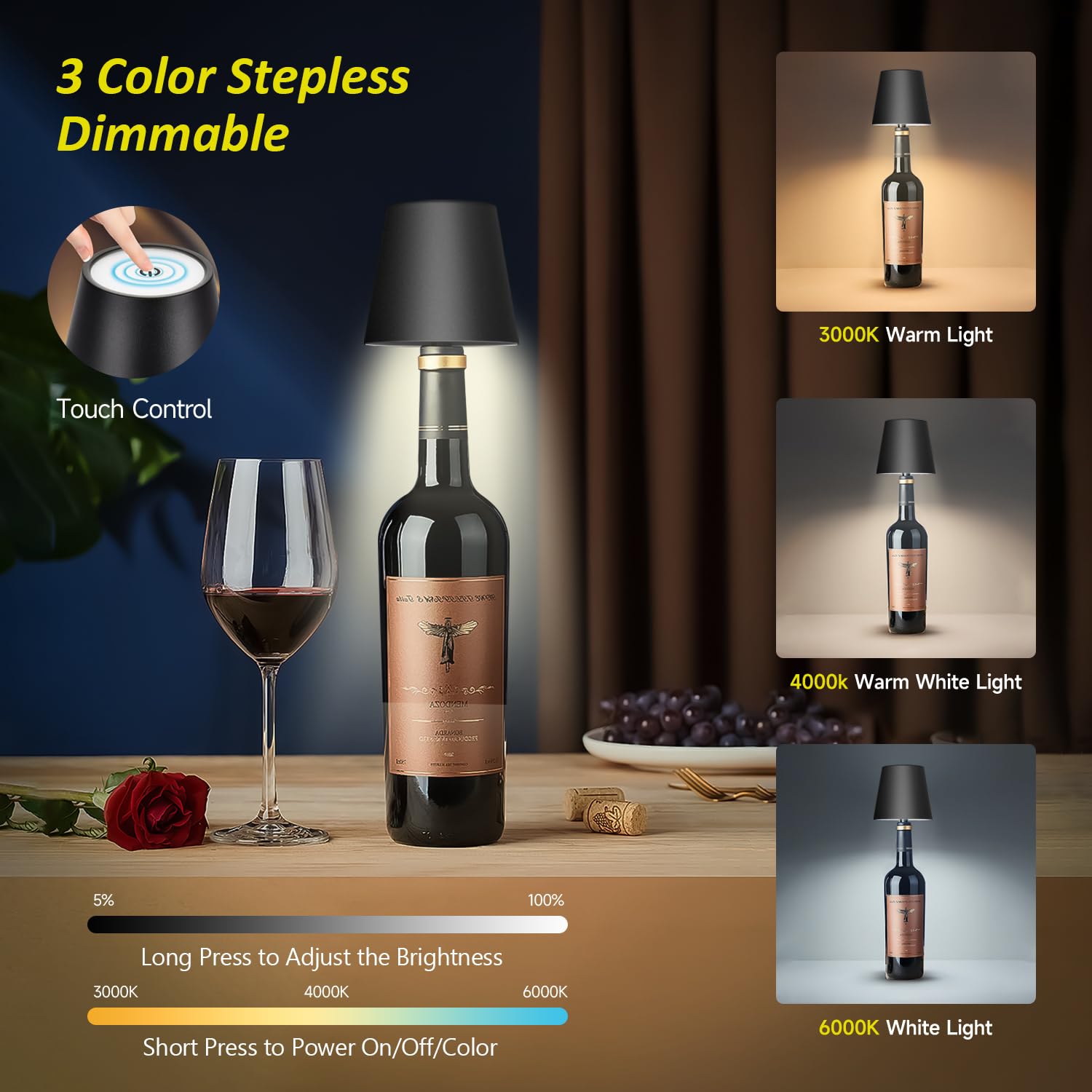 Hoide wireless bottle lamp on table beside a partially filled bottle ambience