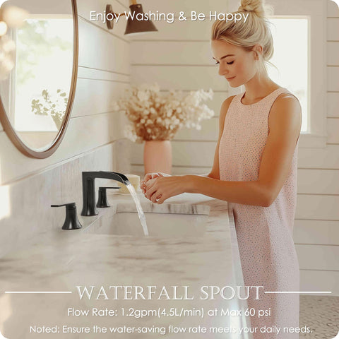 HOIGY 3-hole widespread brass faucet enhances vanity style.