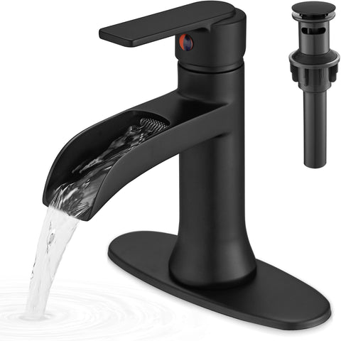 HOIGY matte black waterfall spout shown on modern bathroom sink, smooth stream
