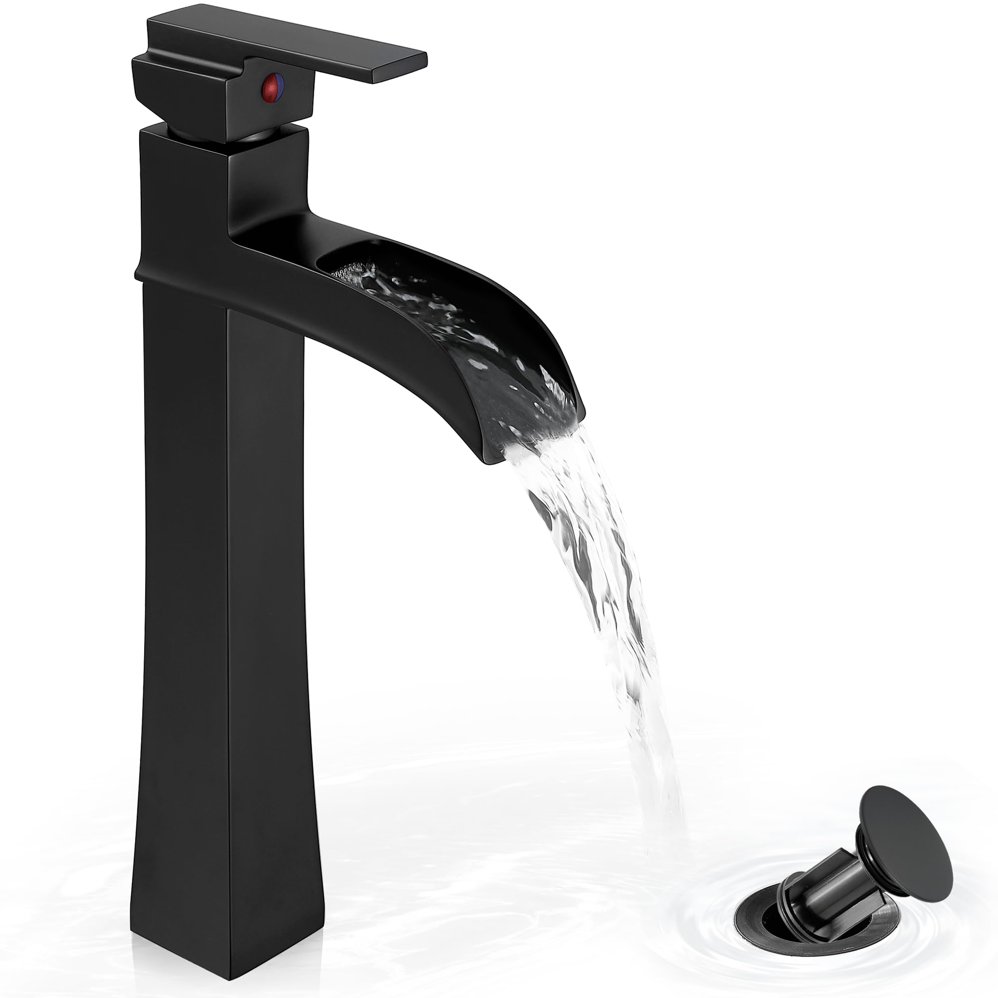 HOIGY vessel sink faucet with black waterfall spout enhances modern bathroom design