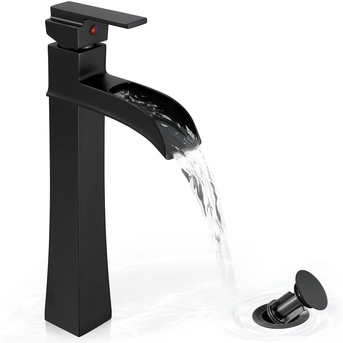 HOIGY vessel sink faucet with black waterfall spout enhances modern bathroom design
