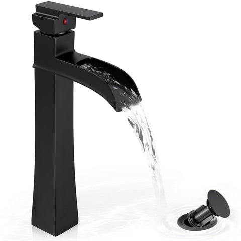 HOIGY vessel sink faucet with black waterfall spout enhances modern bathroom design