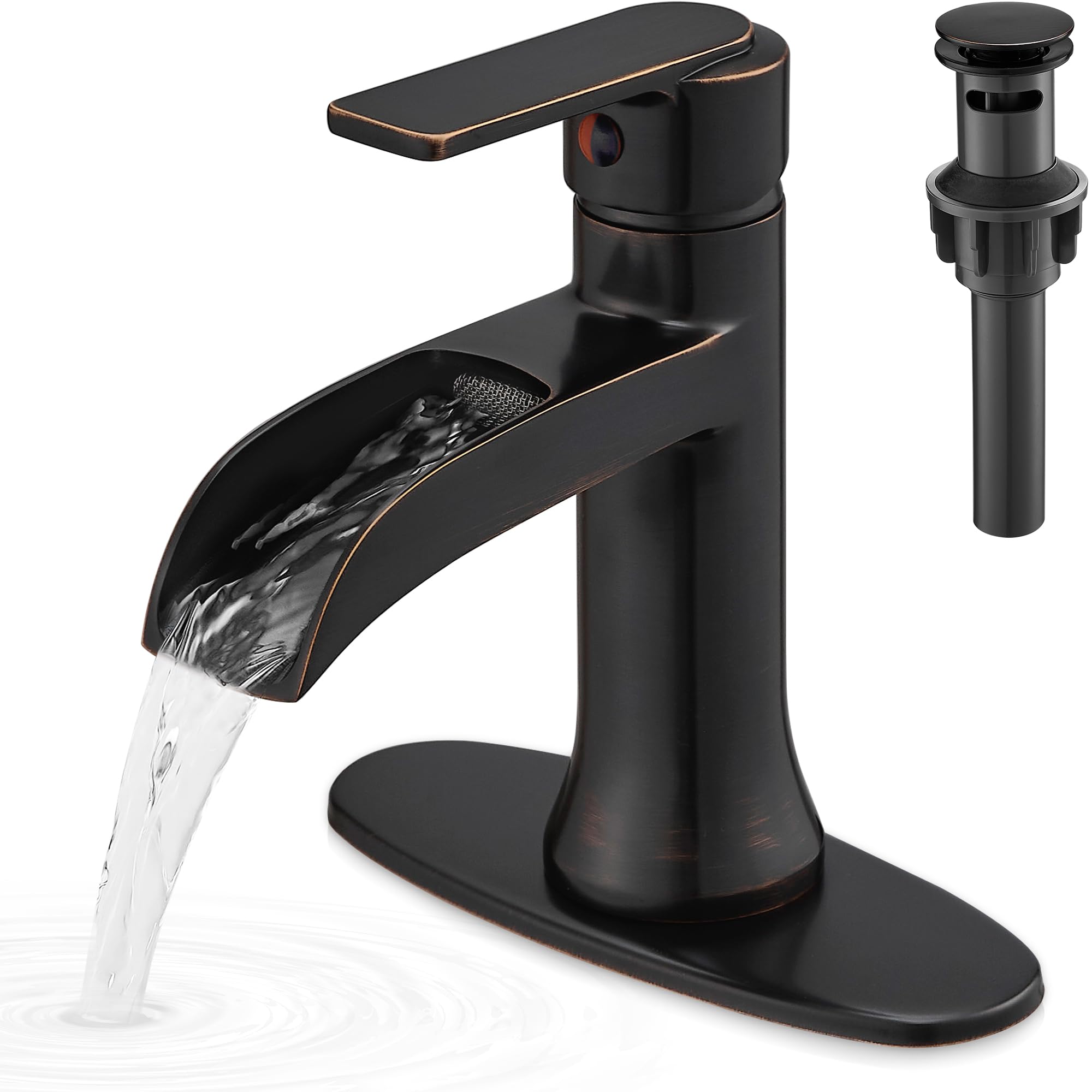 HOIGY waterfall faucet in oil rubbed bronze spout delivers smooth flow with reduced splash.
