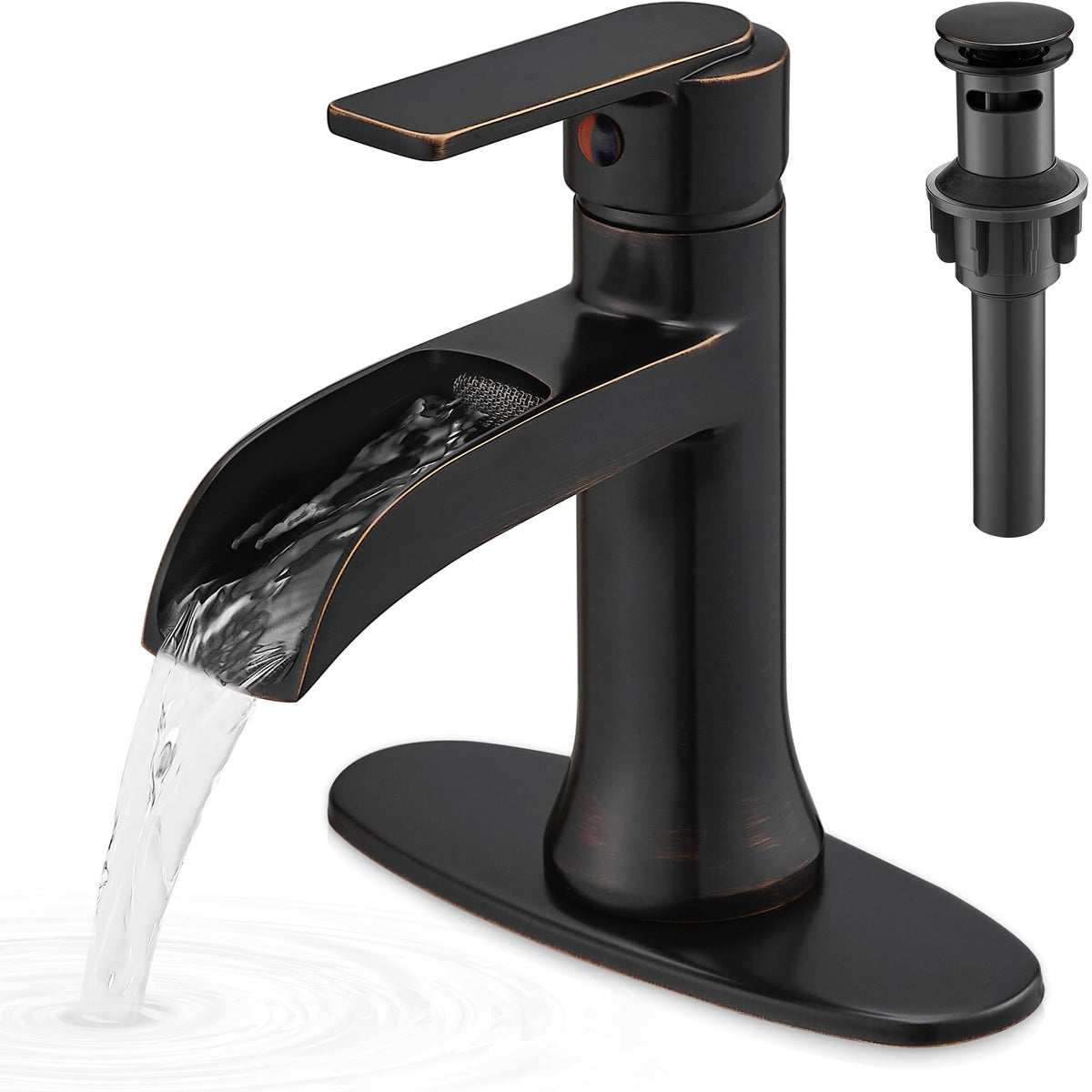 HOIGY waterfall faucet in oil rubbed bronze spout delivers smooth flow with reduced splash.
