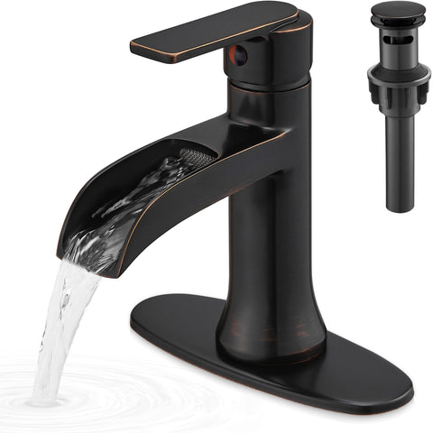 HOIGY waterfall faucet in oil rubbed bronze spout delivers smooth flow with reduced splash.