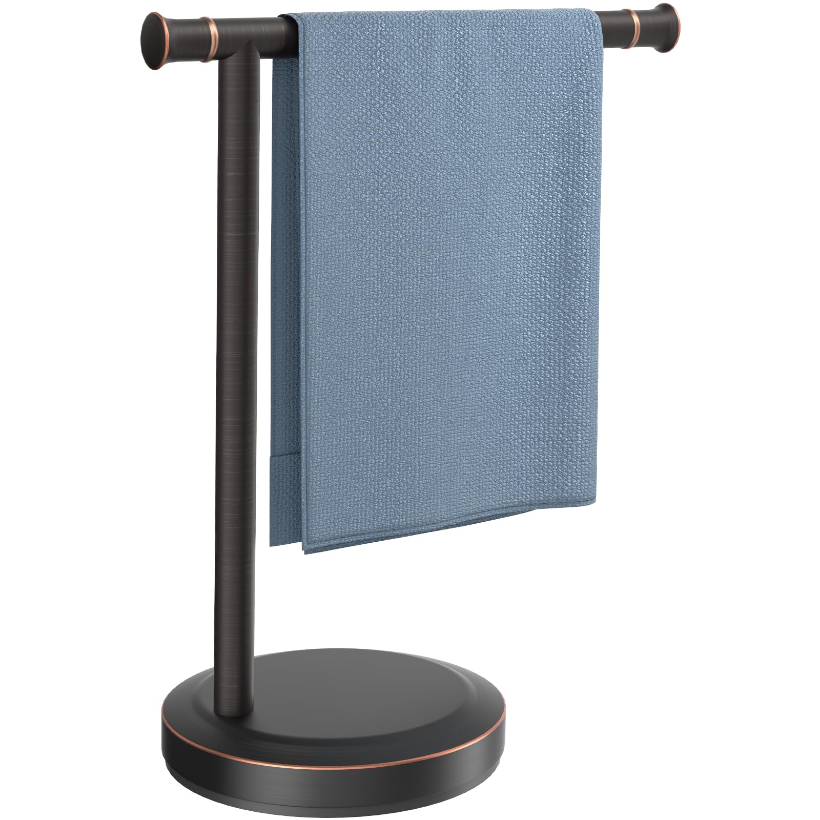 Hoimpro 13-inch oil rubbed bronze stand towel holder on bathroom counter for easy reach.