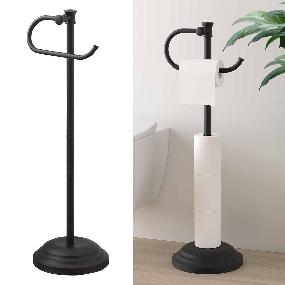 Hoimpro 25-inch free standing toilet paper holder with shelf for convenient bathroom storage.