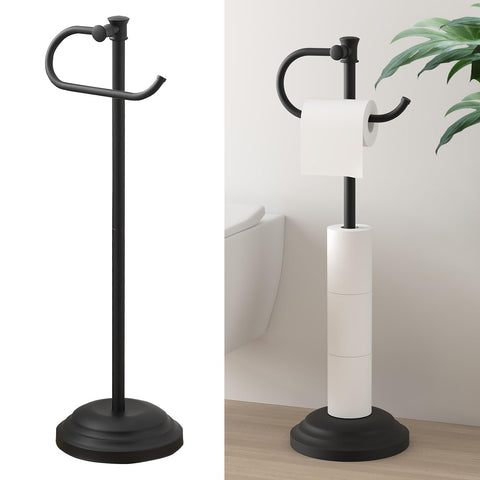 Hoimpro 25-inch free standing toilet paper holder with shelf for convenient bathroom storage.