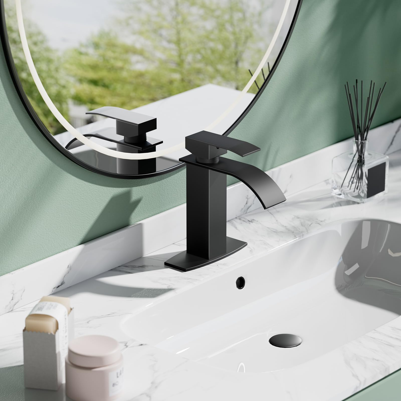 Hoimpro Black Waterfall faucet single handle for easy temperature control.