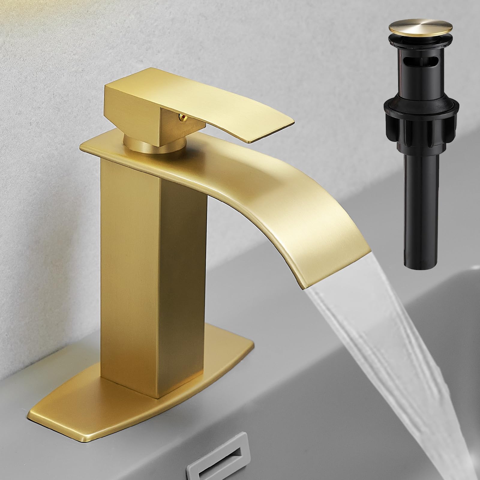 Hoimpro brushed gold waterfall spout on a modern vanity offering quiet, smooth water flow