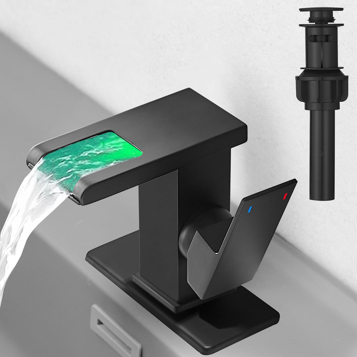 Hoimpro LED waterfall faucet matte black full view for modern bathroom centerpiece