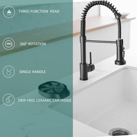 Hoimpro matte black faucet features 360-degree rotation for flexible reach.