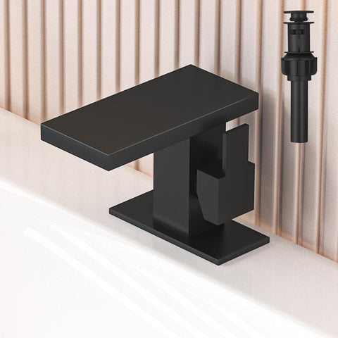 Hoimpro matte black faucet with flat waterfall spout for easy cleaning