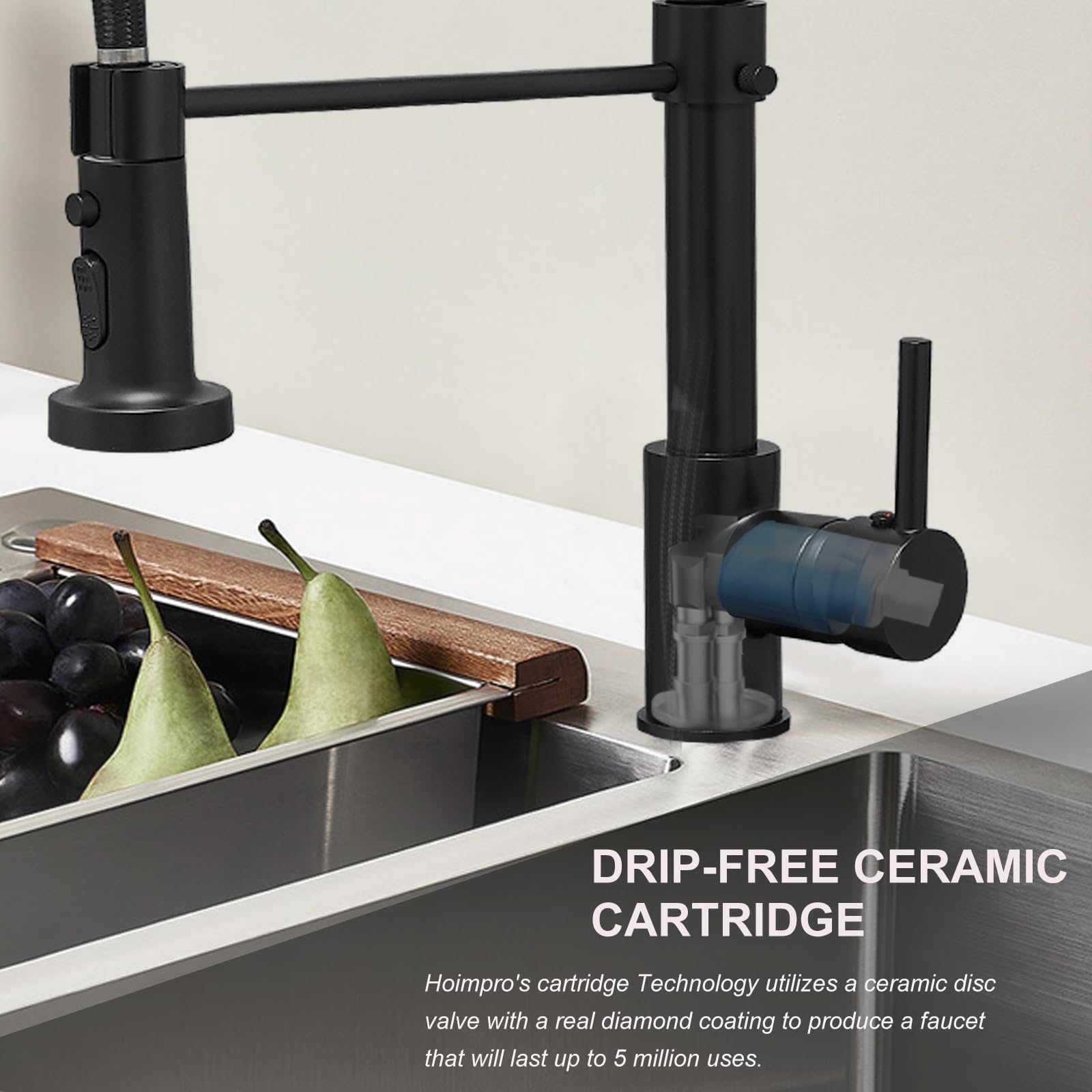 Hoimpro matte black high-arch spout providing ample workspace in sink.