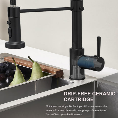 Hoimpro matte black high-arch spout providing ample workspace in sink.