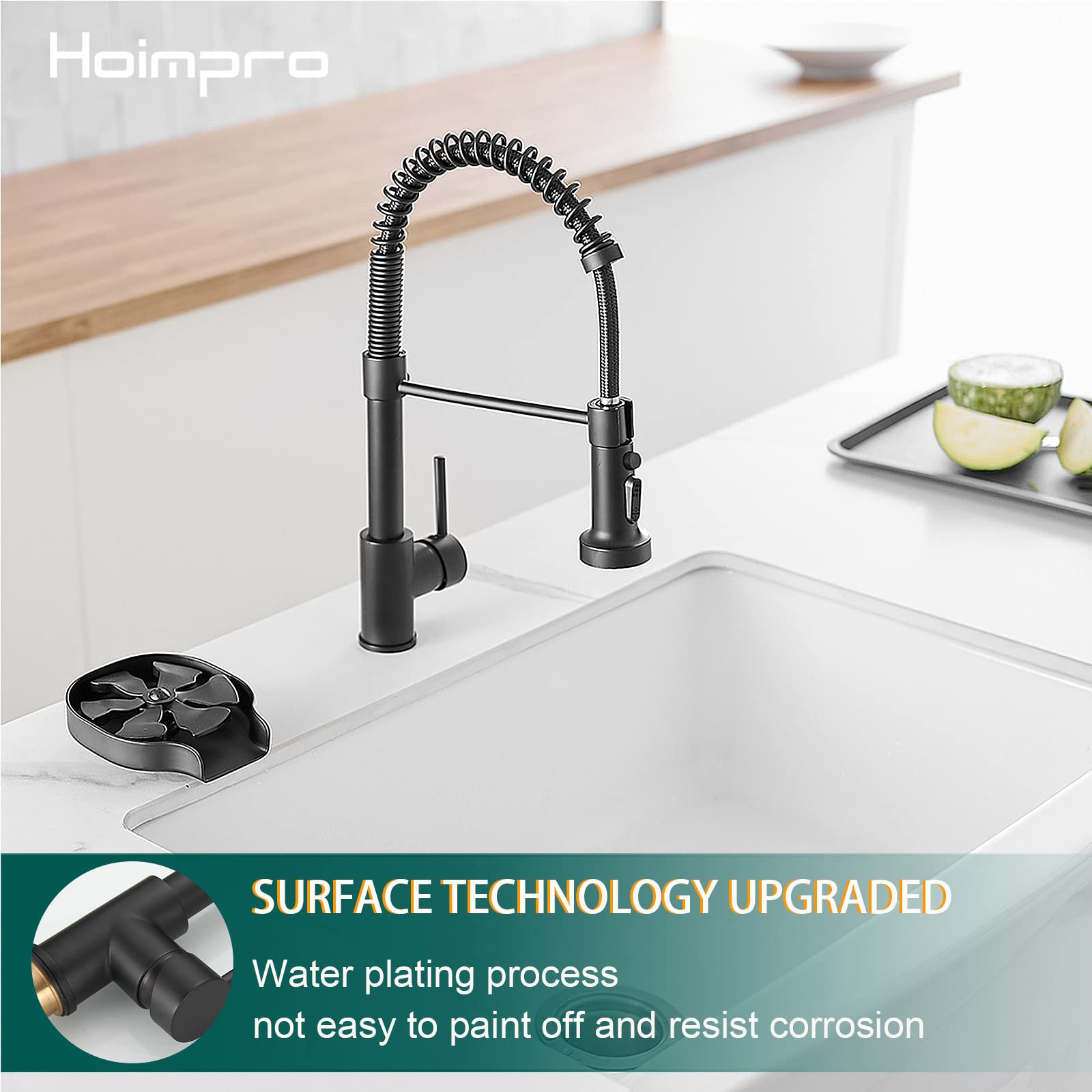 Hoimpro matte black pull-down sprayer in action for versatile rinsing.