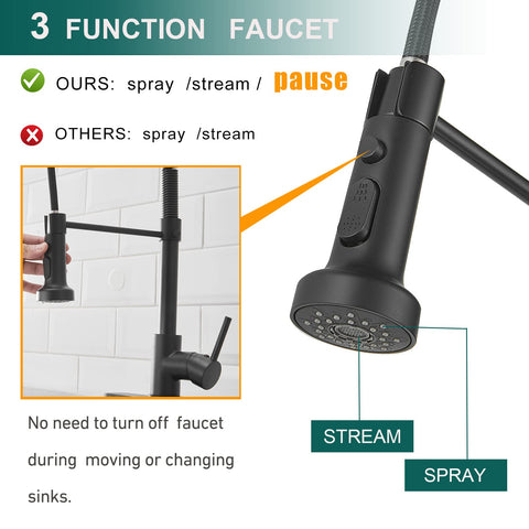 Hoimpro matte black three-function sprayer head for stream, spray, and pause.