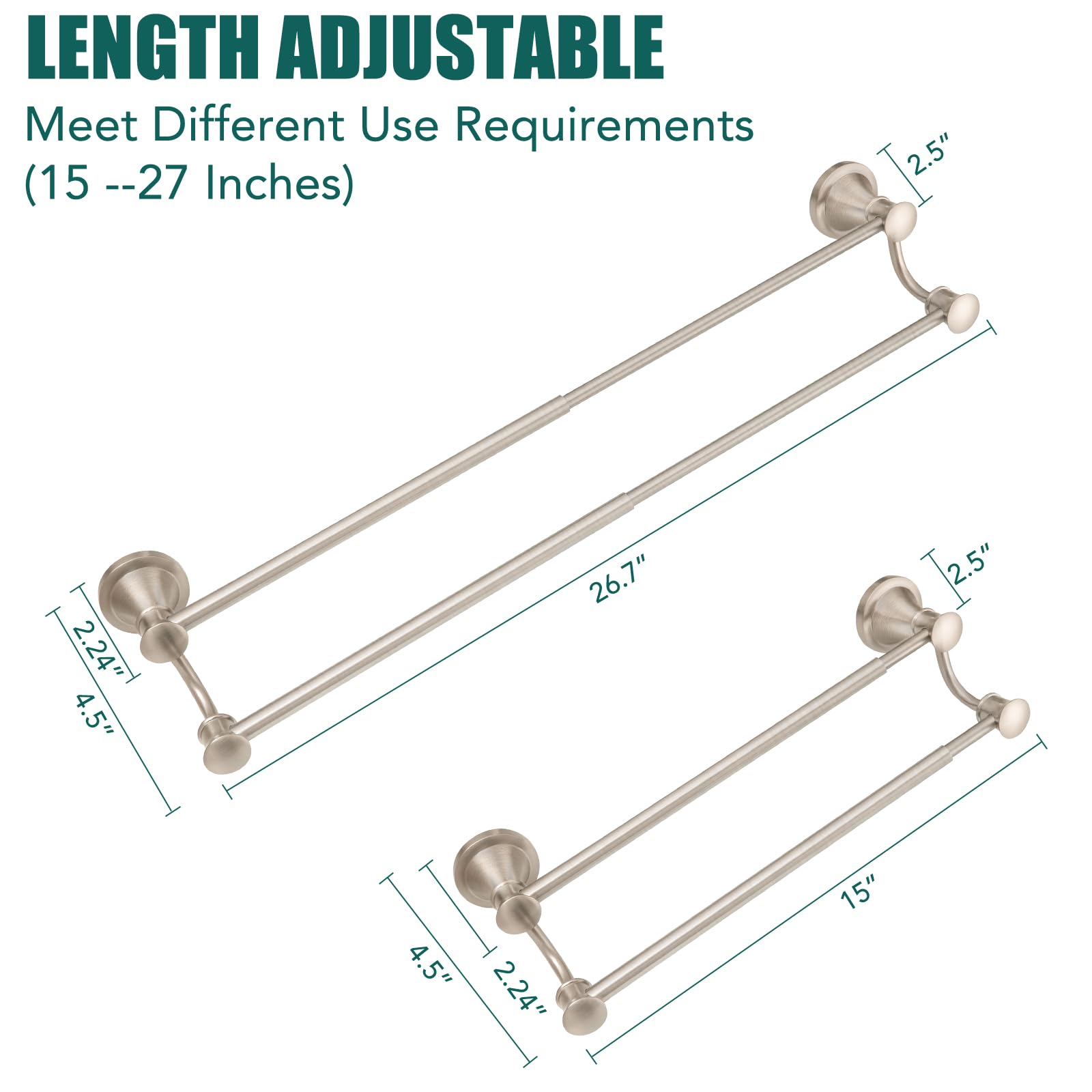 Hoimpro retractable towel bar length from 15 to 27 inches fits diverse spaces.