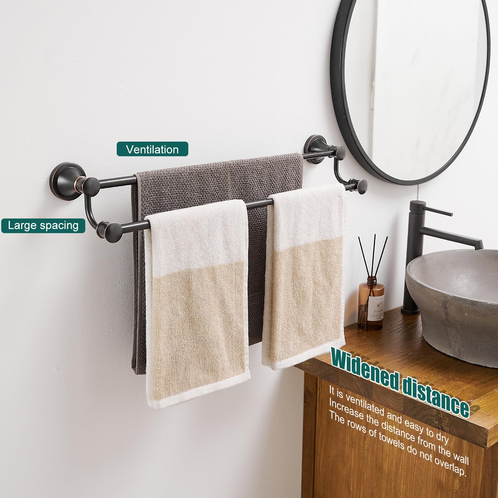 Hoimpro towel bar staggered design with two levels for towels and linens.