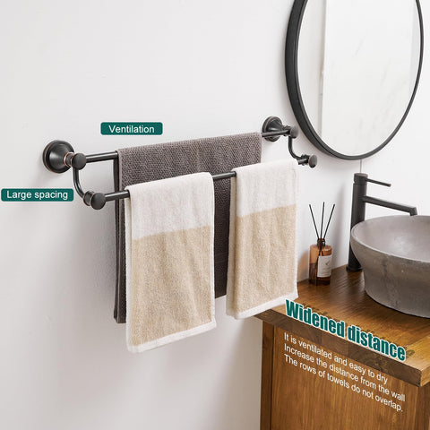 Hoimpro towel bar staggered design with two levels for towels and linens.