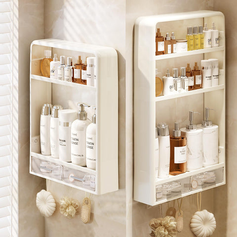Hoiwio 3-tier wall shelf with drawers and hooks organized bathroom items and toiletries