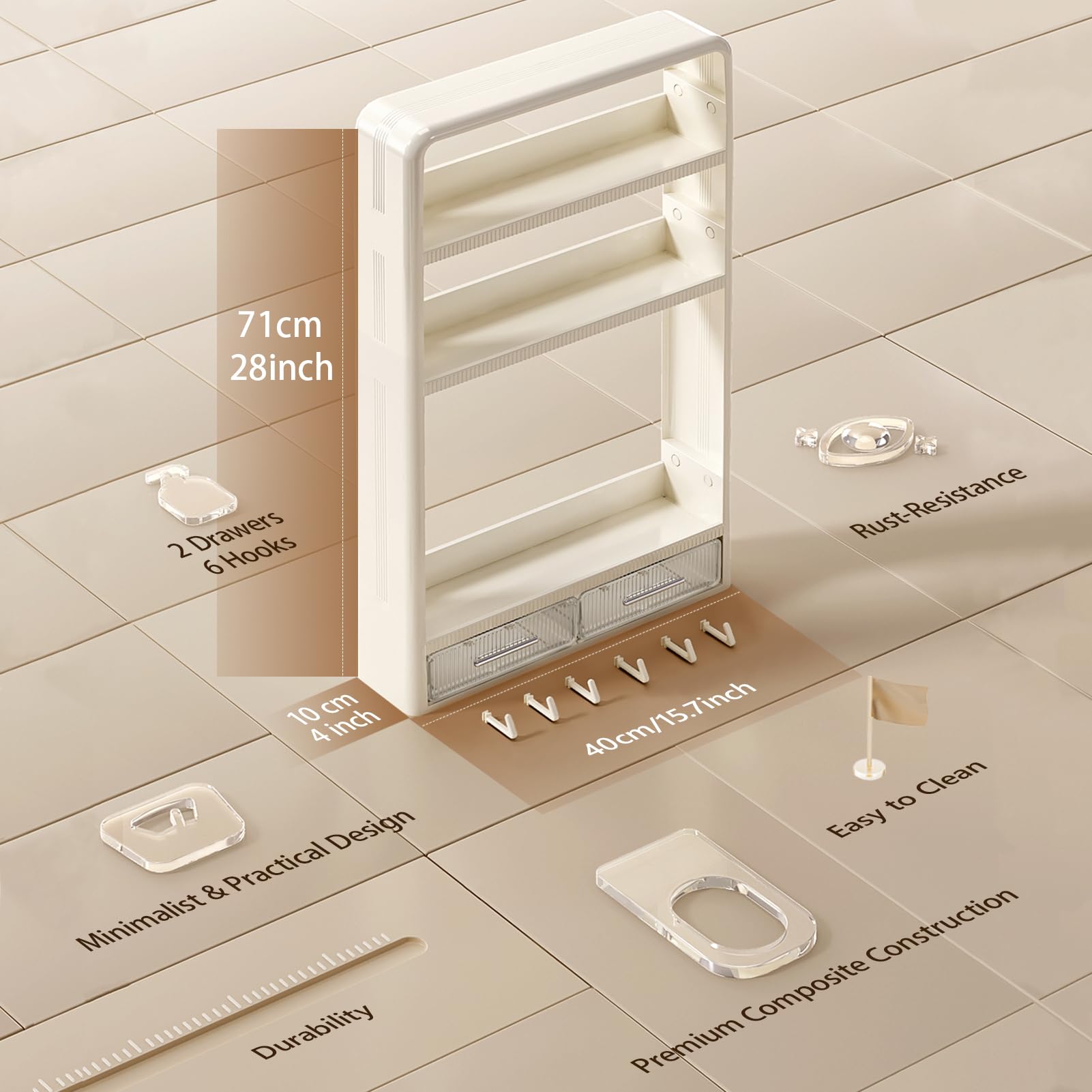 Hoiwio wall-mount adhesive design securing shelf to smooth bathroom wall
