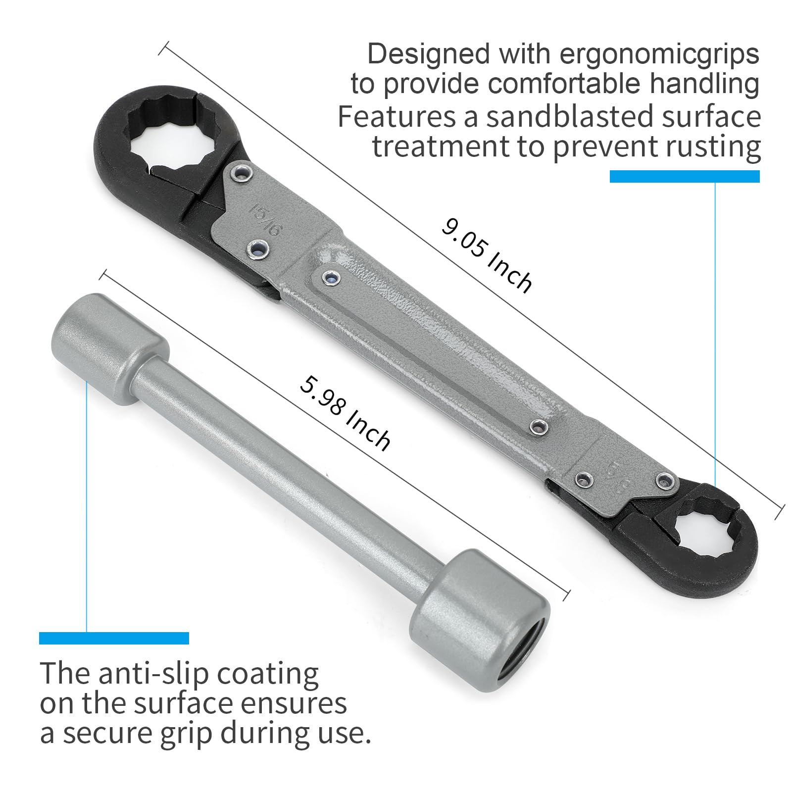 Holdly angle stop wrench demonstrates compatibility with 3/8 and 1/2 in MPT threads.