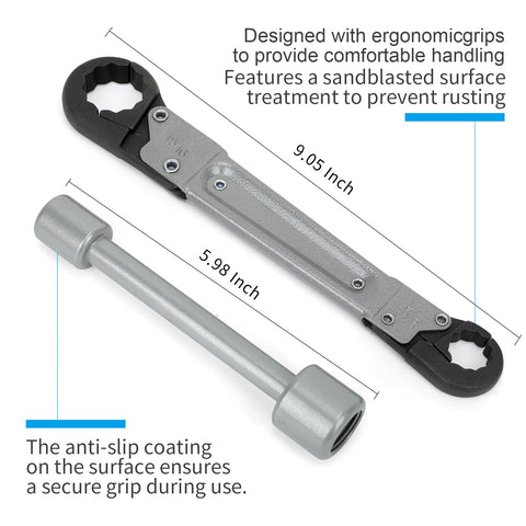 Holdly angle stop wrench demonstrates compatibility with 3/8 and 1/2 in MPT threads.