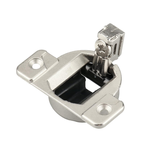 Holdly Blum 110° hinge close-up reveals sturdy nickel-plated metal for long-lasting use.