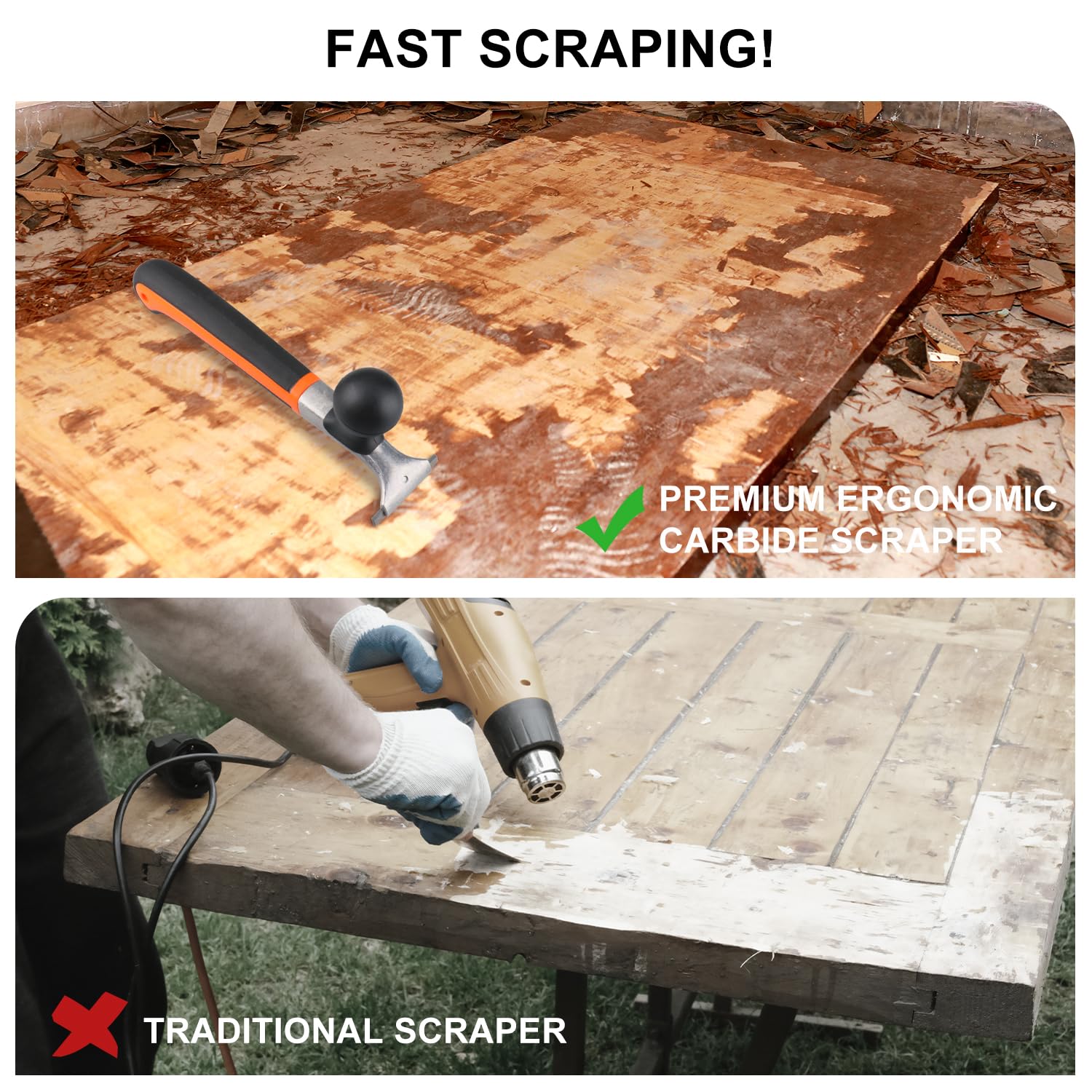Holdly scraper removing glue from a cabinet edge with clean lines.
