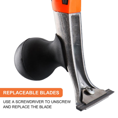 Holdly carbide scraper in action removing varnish from a wooden surface.