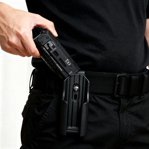 HoldMyGear holster side view shows vertical or horizontal carry option.