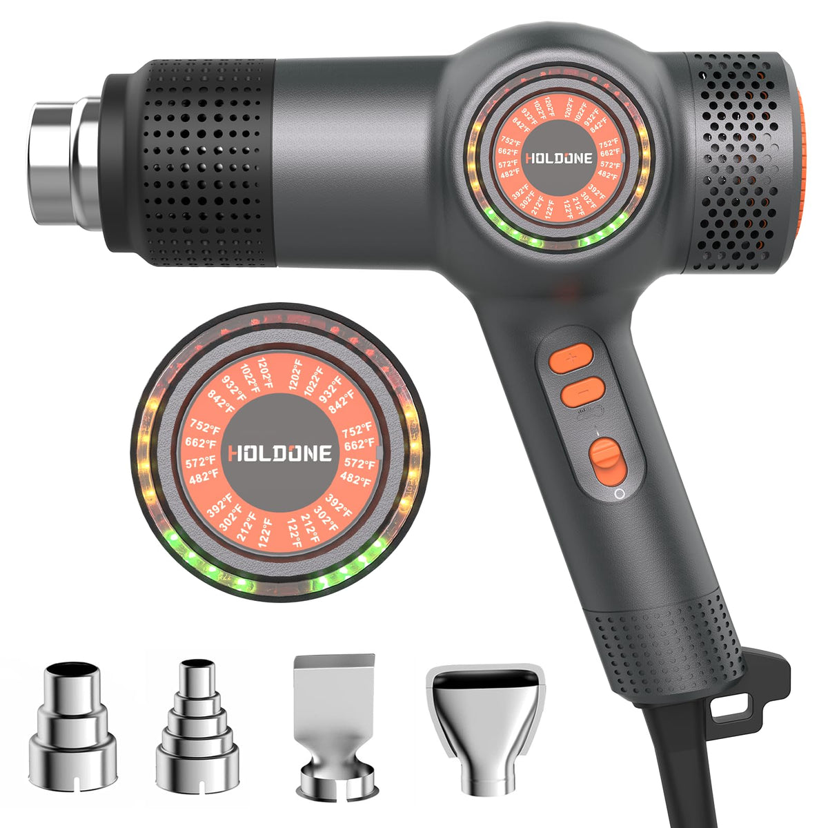 Holdone heat gun front view showing 1800W power and compact design.