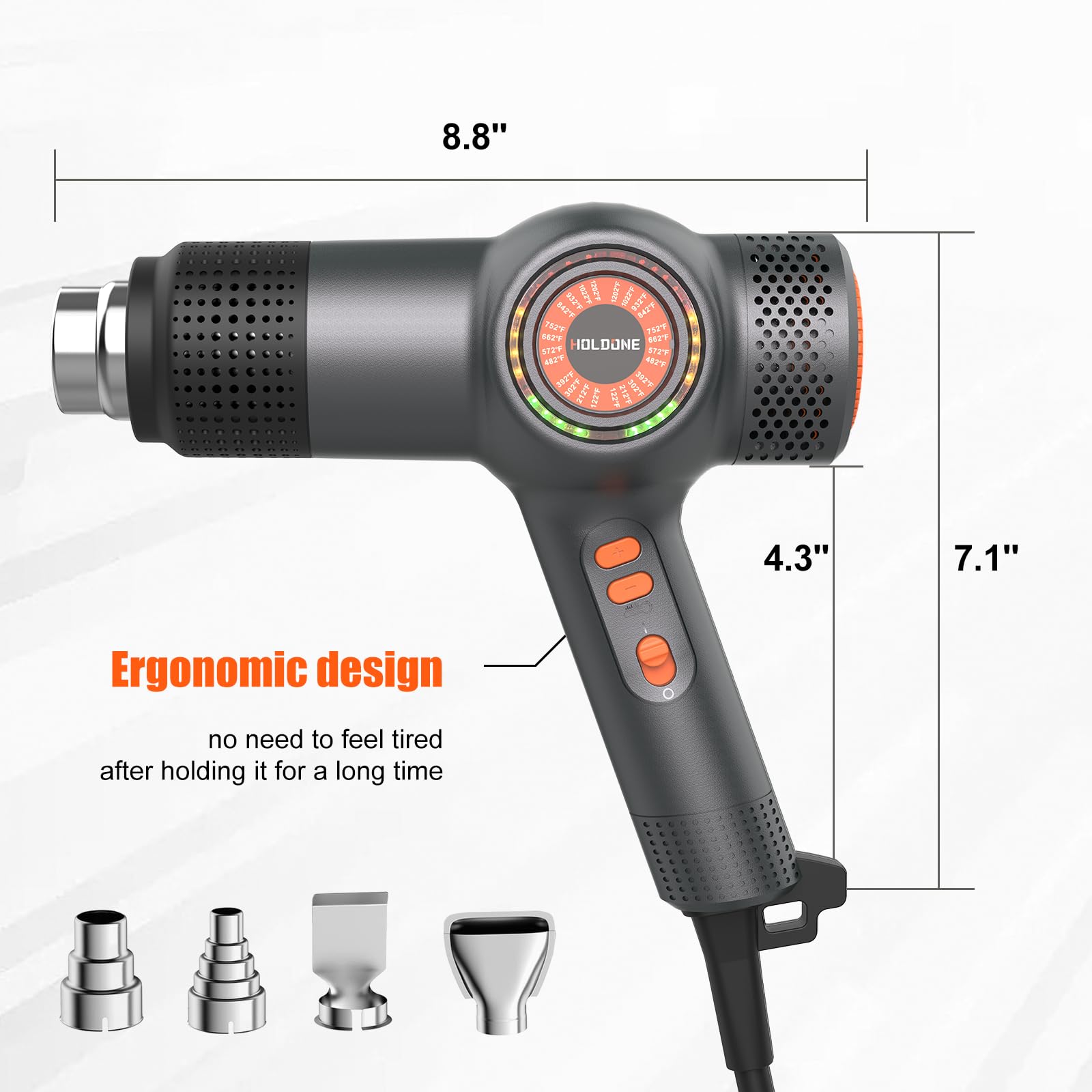 Precise one-handed temperature control on Holdone heat gun.