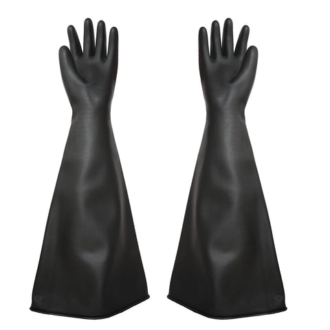 Holdwin heavy-duty sandblasting gloves showing 27-5 inch length and rugged black stripes for arm protection