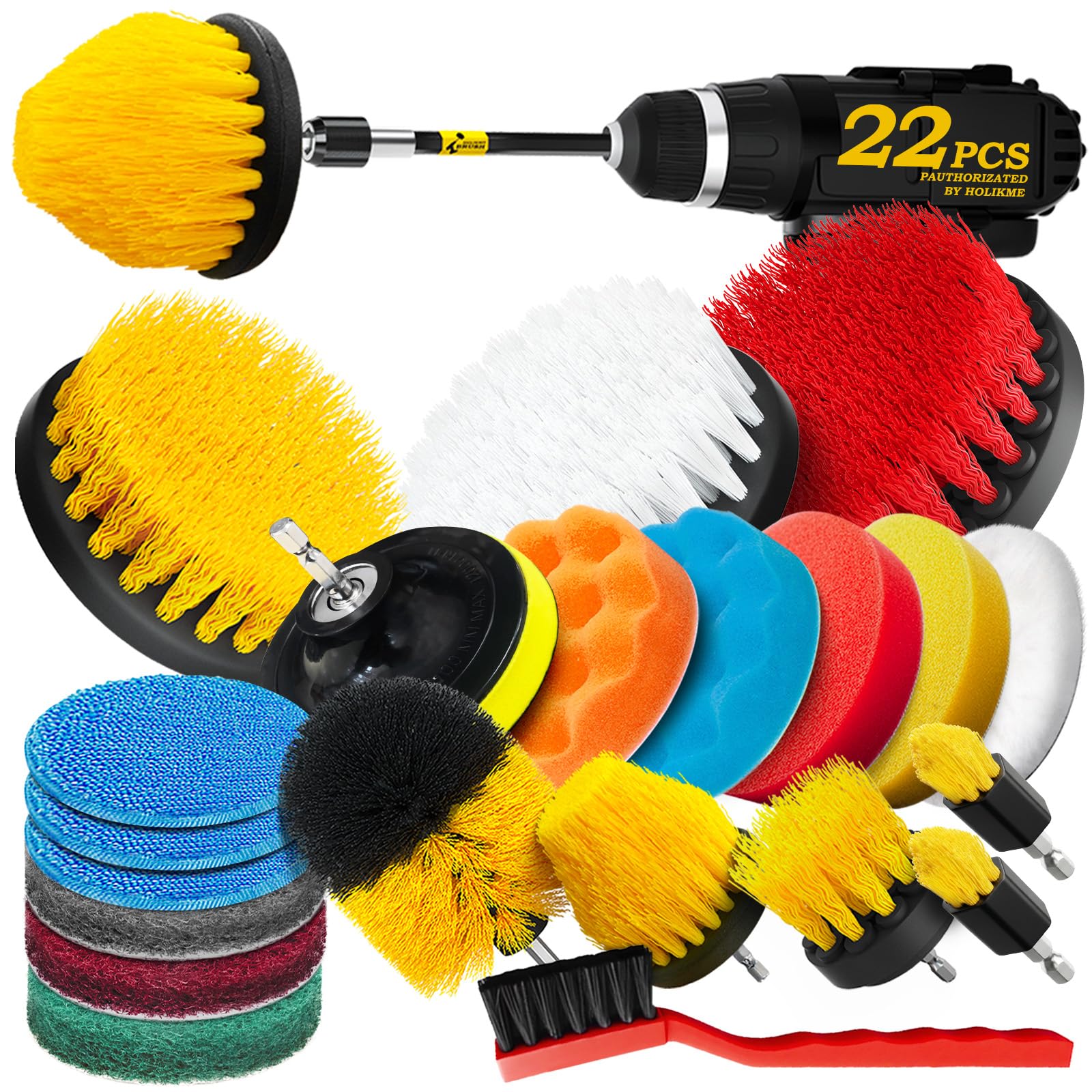 Holikme 22Piece drill brush attachments set with versatile heads for deep bathroom cleaning
