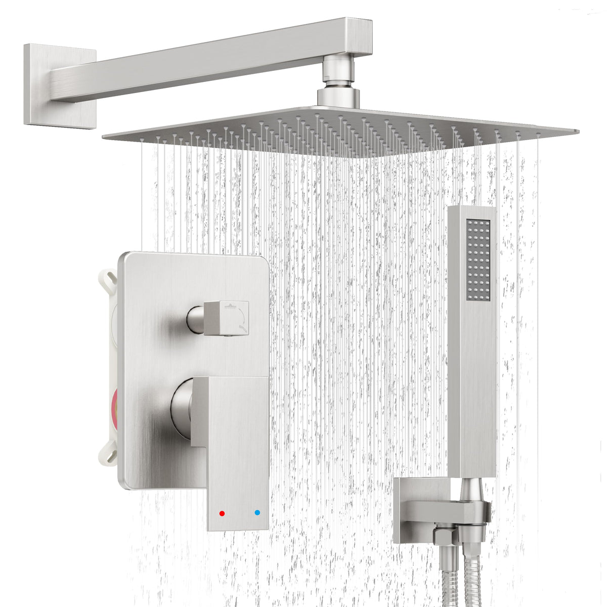 HoliSpa brushed nickel 10-inch rain showerhead delivering spa-like rainfall