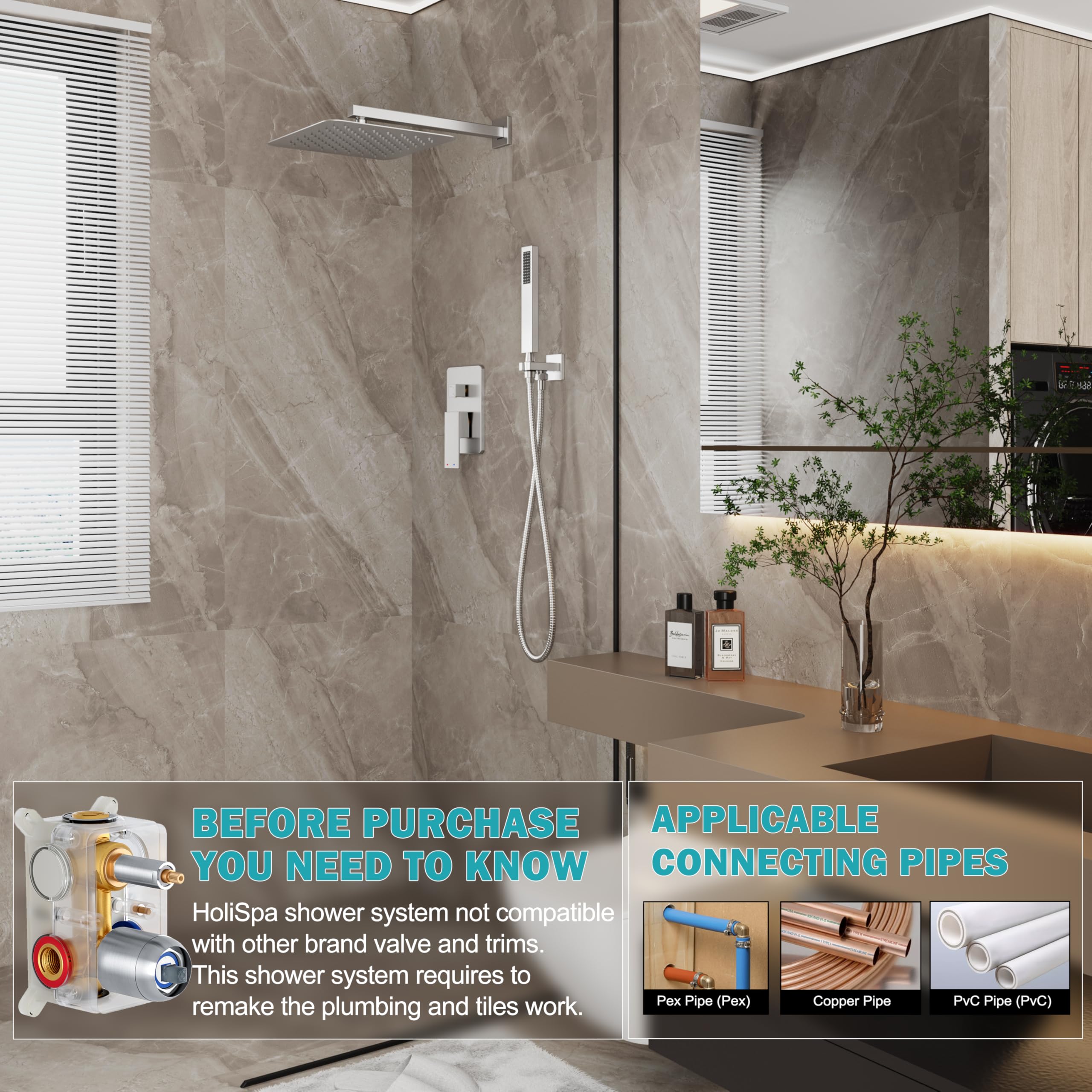 HoliSpa handheld shower head offers flexible spray for targeted rinsing.