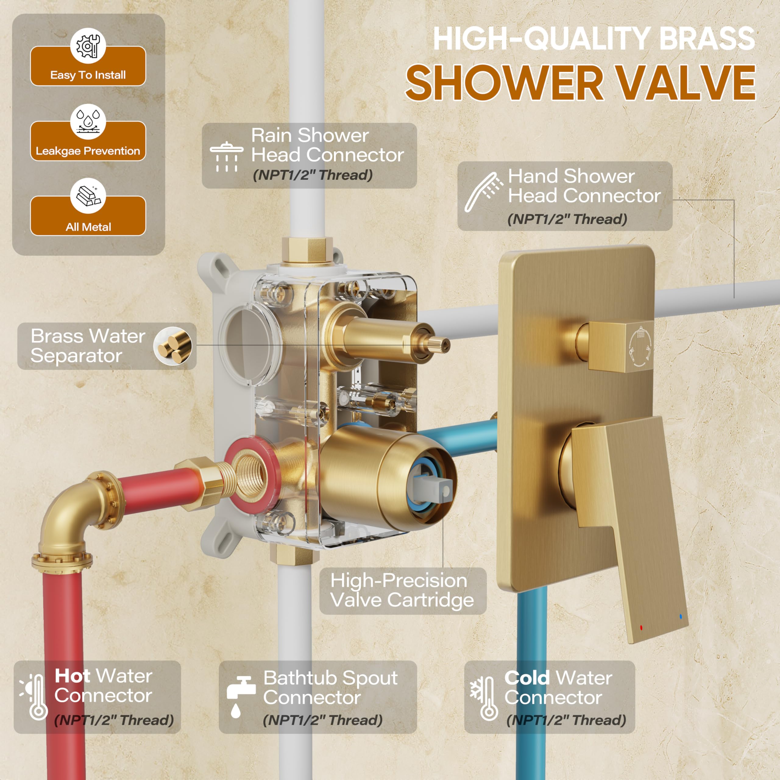 HoliSpa Gold 16-inch shower arm offers broad spray reach.