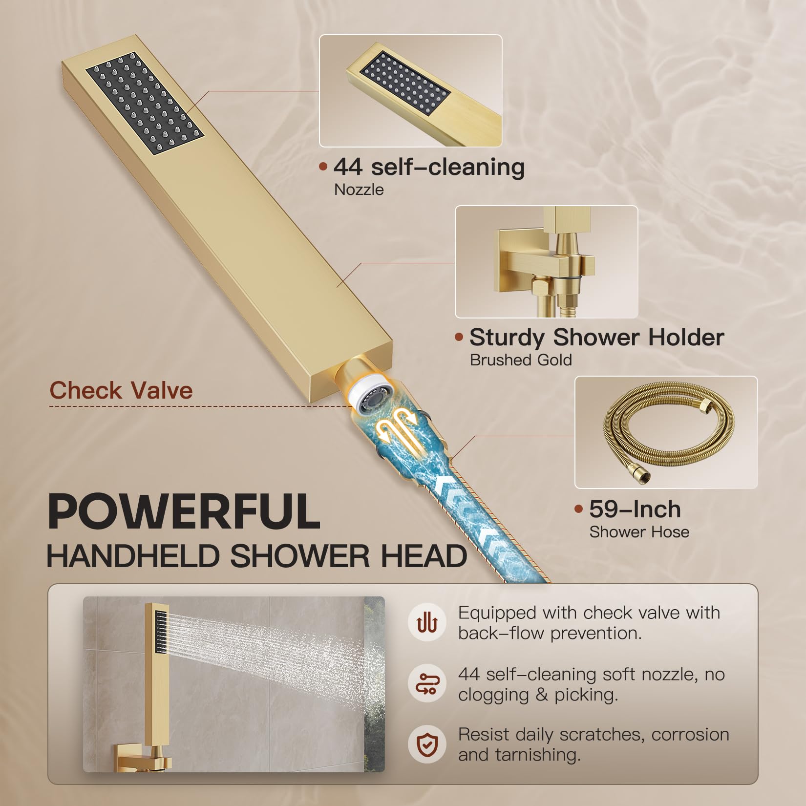 HoliSpa Gold Shower System uses durable 304 stainless steel and brass valve body.