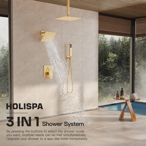HoliSpa Gold Shower System 8-inch wall head for immersive rinsing and tall bathroom compatibility.