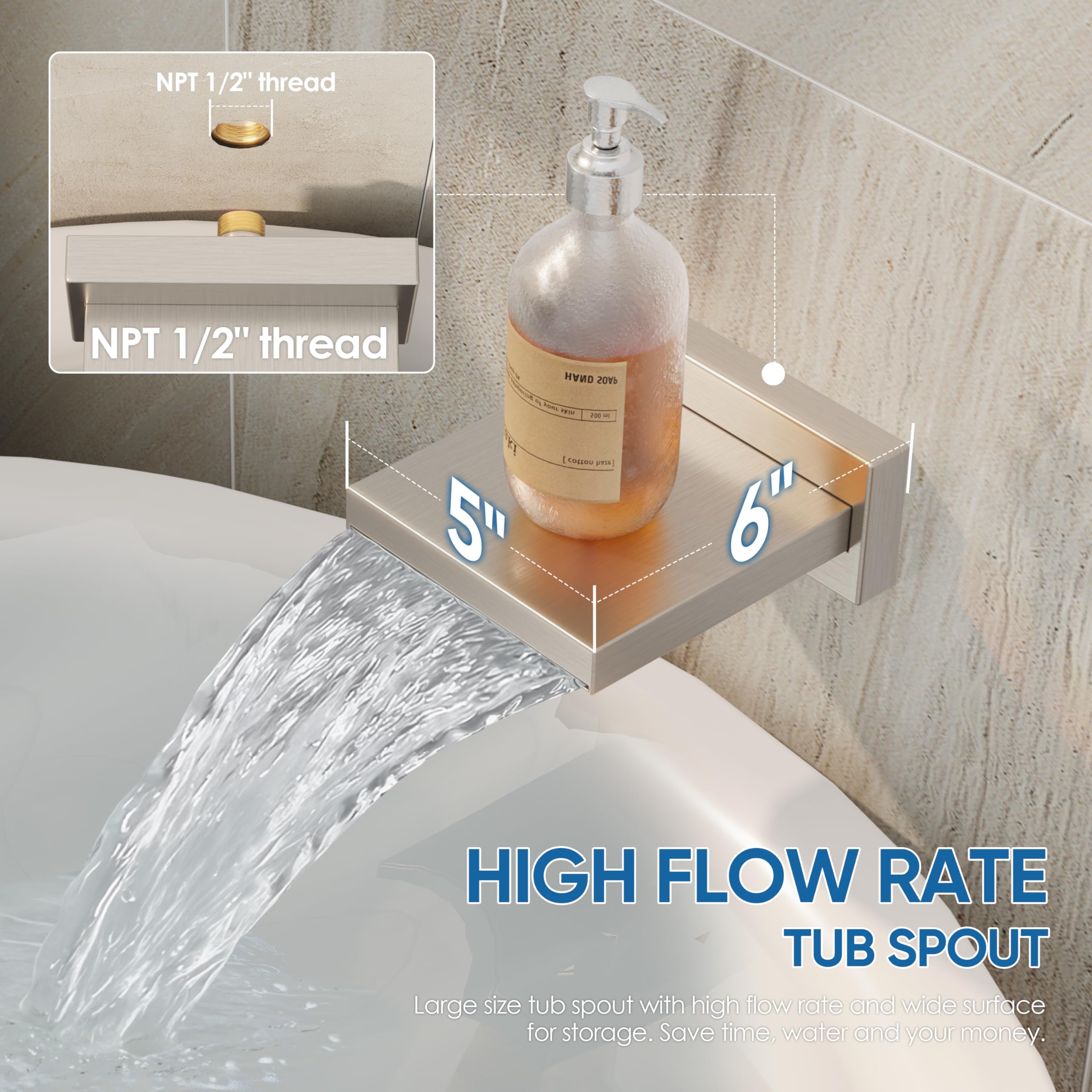 HoliSpa 6-inch tub spout delivers efficient, steady tub filling.
