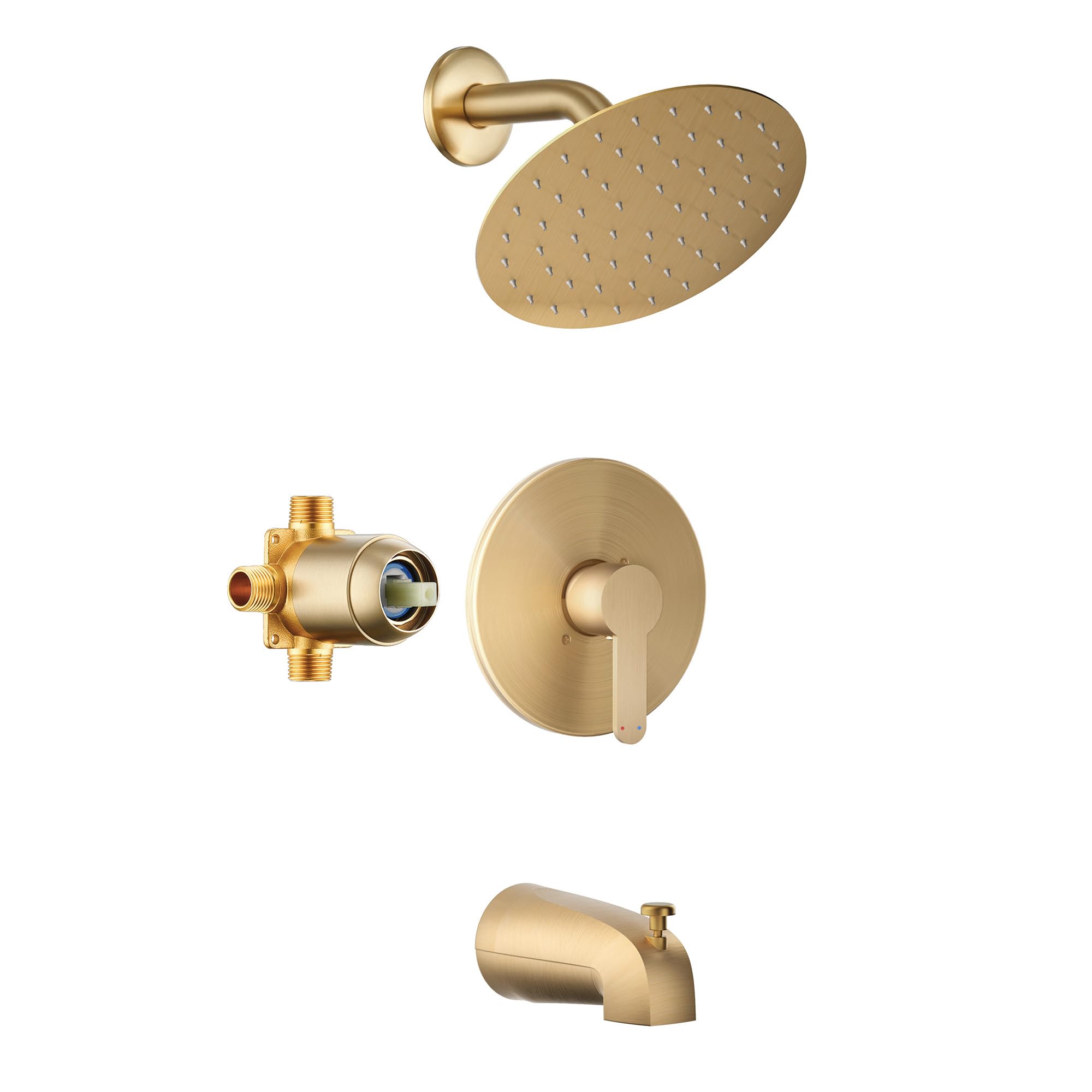 HoliSpa brushed gold tub shower faucet with 8-inch rainfall head for a spa-like shower