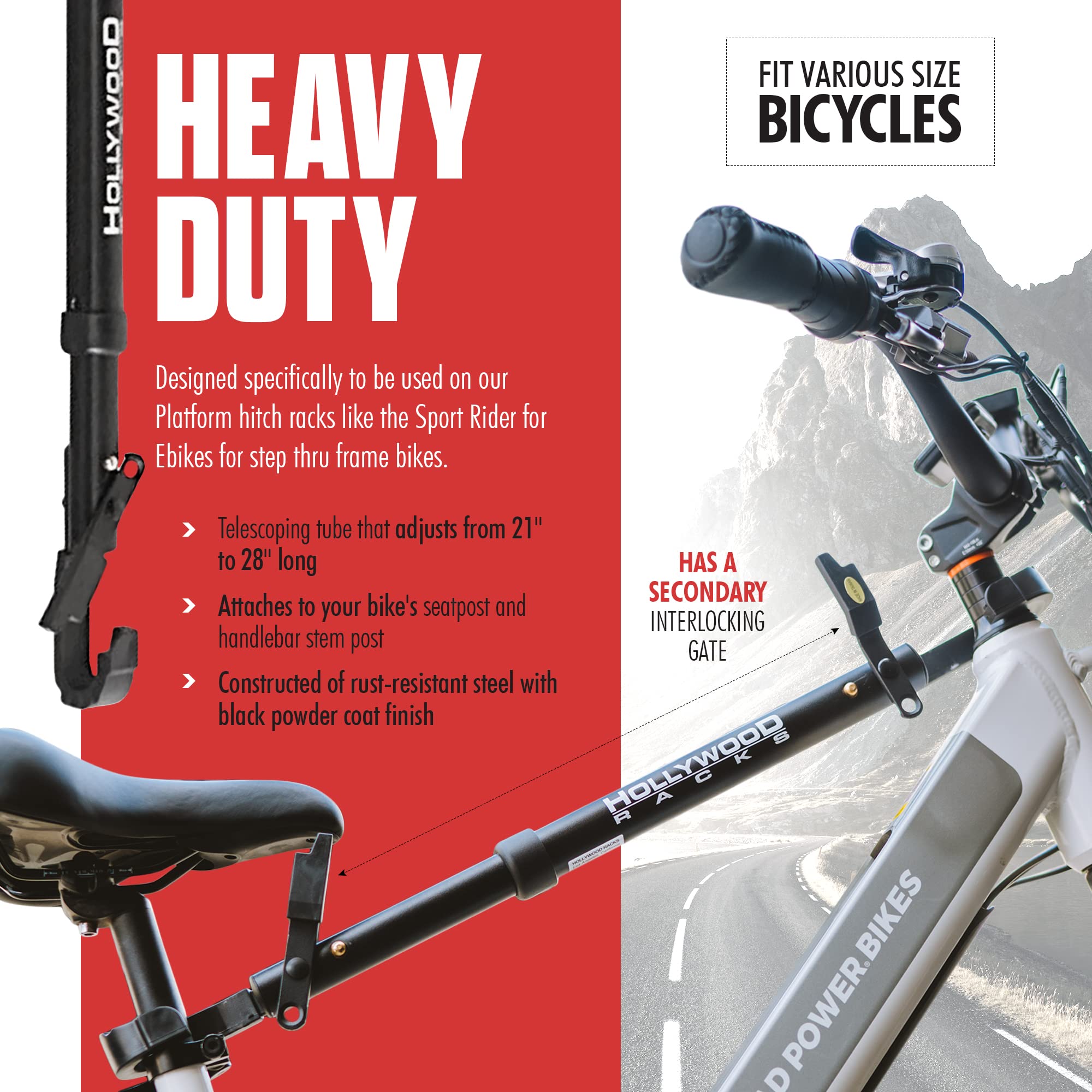 Hollywood Racks Pro rust-resistant powder coat protects the finish.