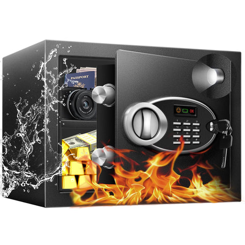 HOLOJOY safe box front view showcases a sturdy steel body for secure storage.