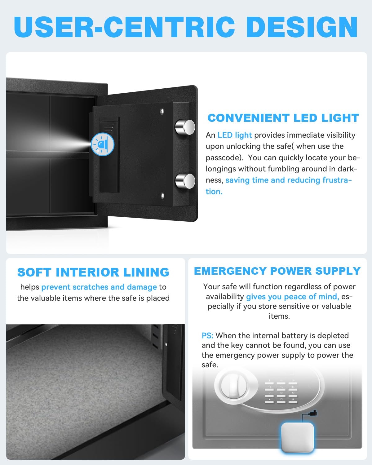 HOLOJOY safe box internal LED light helps locate items.
