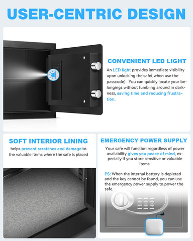 HOLOJOY safe box internal LED light helps locate items.