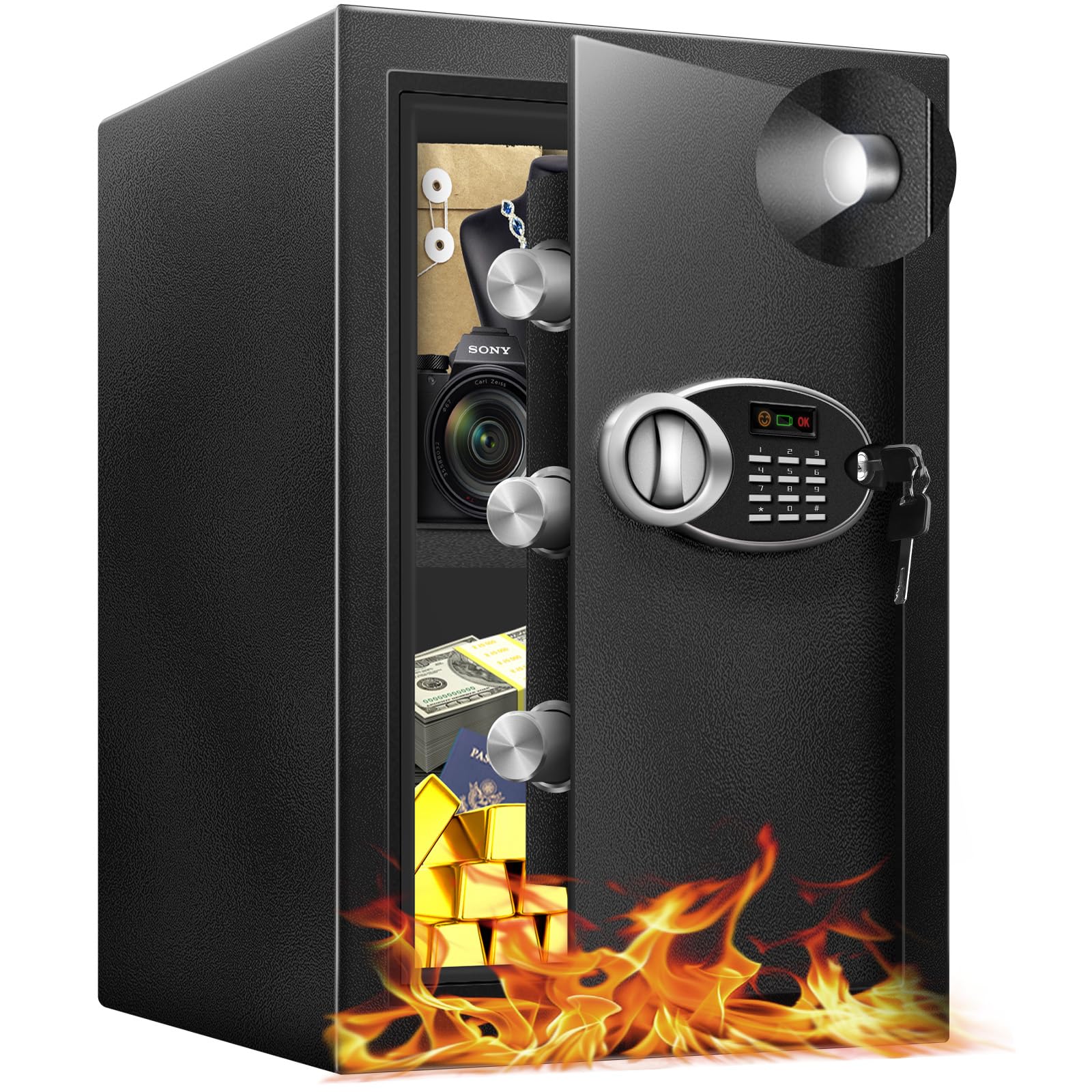HOLOJOY fireproof waterproof safe front view highlighting sturdy steel construction