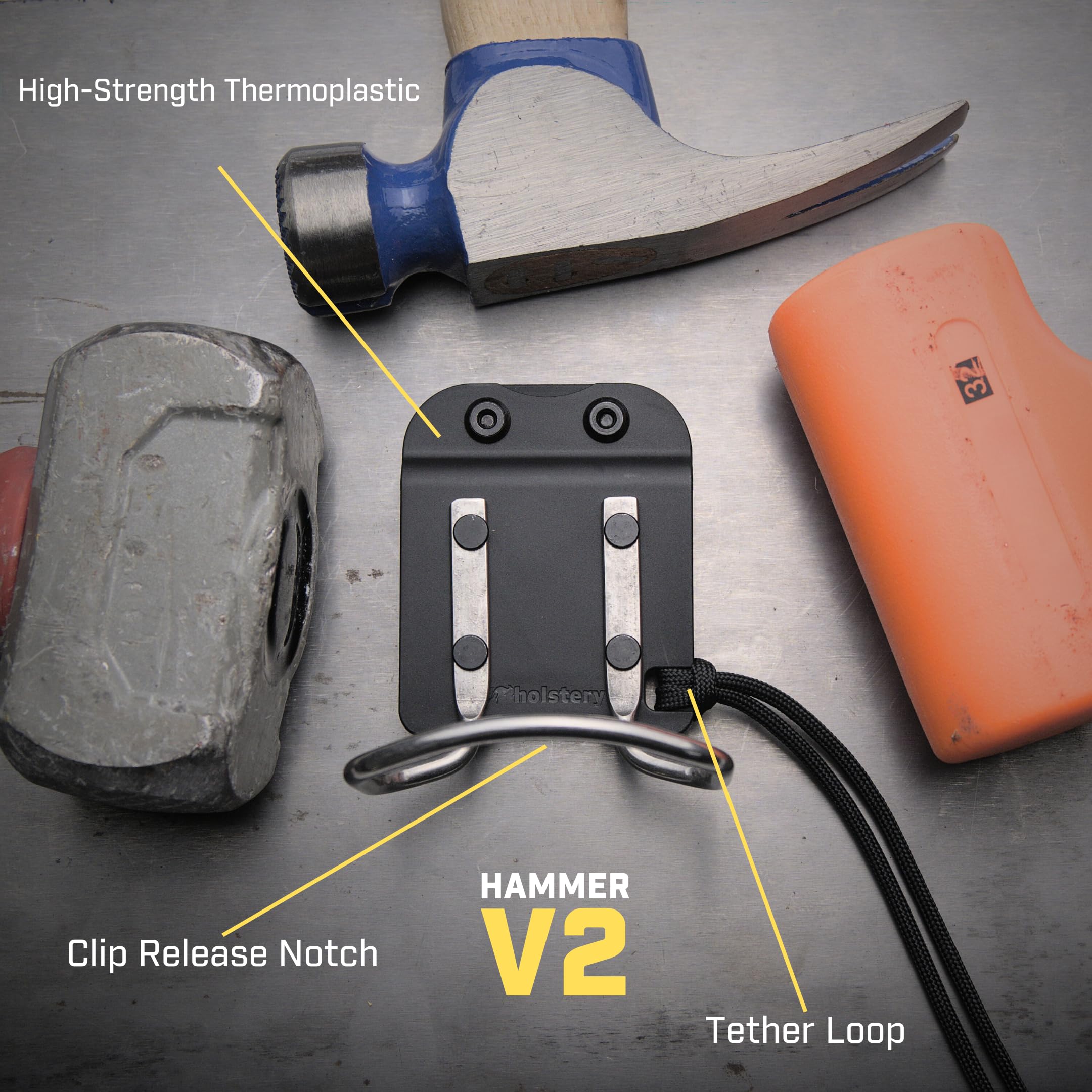 Holstery HammerMaster securely holds a hammer for transport on-site