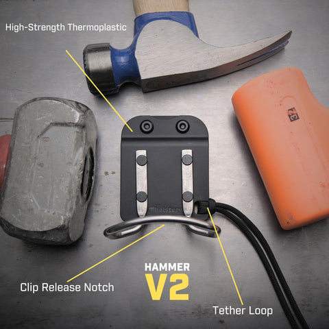 Holstery HammerMaster securely holds a hammer for transport on-site